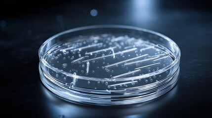 Clear petri dish with bubbles and glass rods in laboratory setting