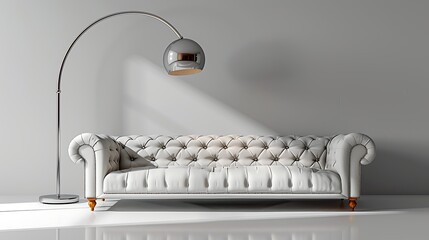 Sleek white leather sofa with chrome arch lamp in modern room