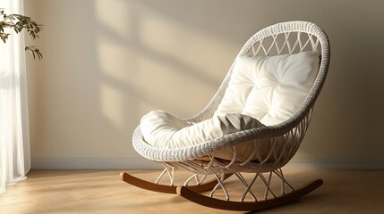 Comfortable white cushioned wicker rocking chair in sunlit room