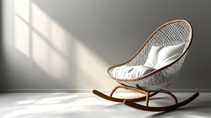 Stylish wicker rocking chair with plush white cushions in sunlight