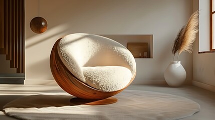 Minimalist round white chair with wooden base in sunlit room