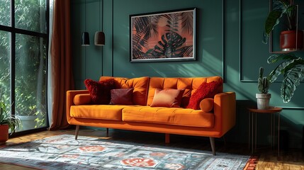 Vibrant orange sofa in a cozy green living room