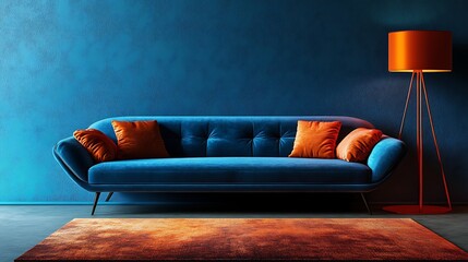 Modern blue velvet sofa with orange cushions and lamp accent