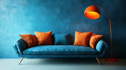 Elegant blue sofa with orange pillows and stylish floor lamp.