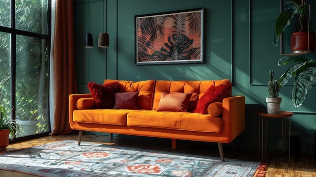 Vibrant orange sofa in a cozy green living room