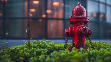 Red hydrant surrounded by green plants and urban setting