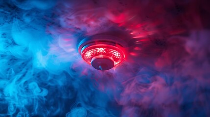Fire alarm sensor surrounded by red light and smoke