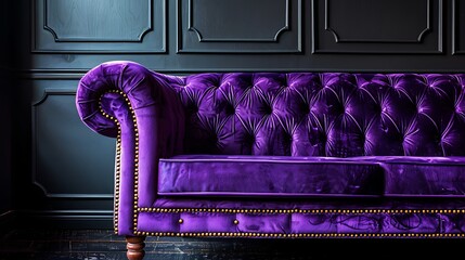 Luxurious purple velvet sofa in elegant dark room setting