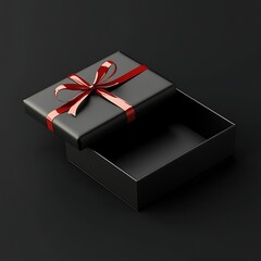 Black gift box with a red ribbon on a dark background