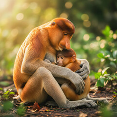 Mother monkey holding baby in warm natural light — emotional wildlife photography, 8K realistic nature image