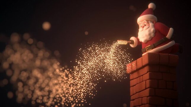Animated Santa sliding down a chimney, glowing soot particles swirling around him &mdash; dynamic cel-shaded digital illustration, warm lighting, playful Christmas magic.
