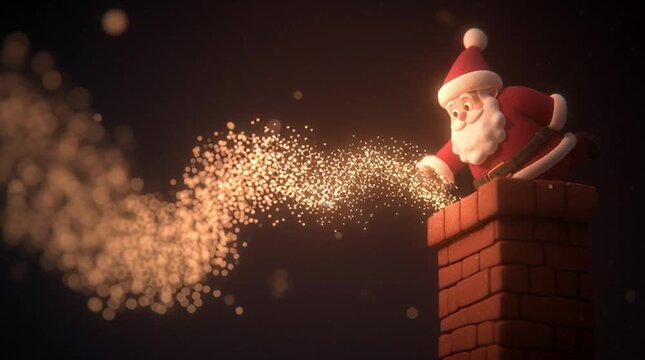Animated Santa sliding down a chimney, glowing soot particles swirling around him &mdash; dynamic cel-shaded digital illustration, warm lighting, playful Christmas magic.
