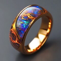 Opal ring with vibrant blue and orange hues, golden band
