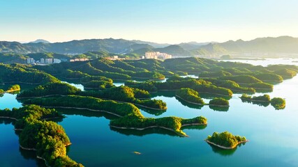 Aerial shot of a beautiful lake with numerous green islands and a cityscape in the background at sunrise. - Powered by Adobe
