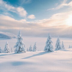 Snow-covered landscape with evergreen trees under a bright sky