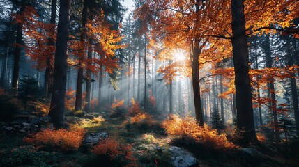 Obraz premium sunlight shining through colorful autumn forest