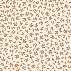 Vector illustration. Minimalist Seamless pattern of delicate autumn leaves. Cozy autumn season. Brown leaves on a beige background. Boho fabric design, wrapping paper
