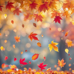 Colorful autumn leaves falling from branches on a soft blurred forest background.