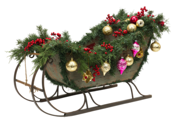 Holiday sleigh decoration decorated with ornaments and berries transparent background