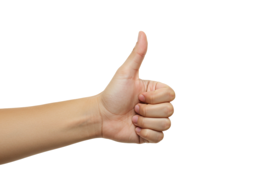 Human hand with thumb up gesture isolated on transparent background