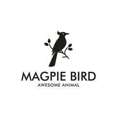 The Magpie bird logo is perched on a stalk and leaves, suitable for business, animal icon vector illustration