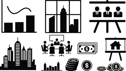 Business finance growth icons with office buildings, meeting presentation, charts, money investment, teamwork strategy,