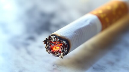 Close-up of a Smoldering Cigarette with Ash and Smoke