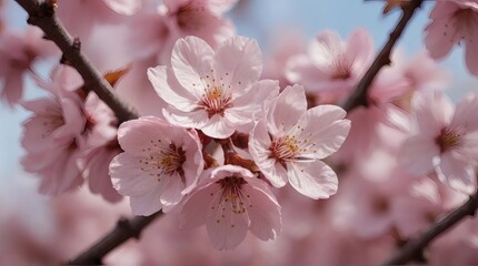 Fototapeta premium Soft Pink Cherry Blossom Cluster in Spring Light With Delicate Petals and Branches