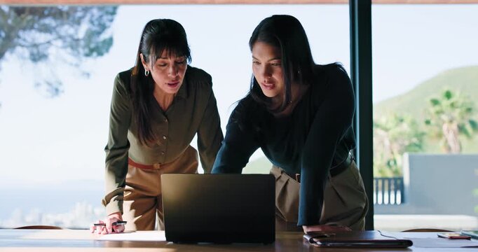 Laptop, planning and business women in meeting for event coordination, budget management and idea. Computer, team and discussion in office with organizer for vendor choice, brainstorming and document