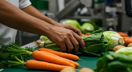 Hands selecting fresh agricultural products on packaging line, concept of quality control harvest
