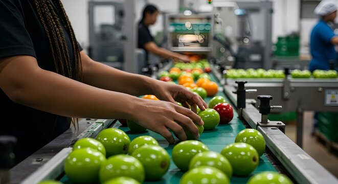Hands selecting fresh agricultural products on packaging line, concept of quality control harvest