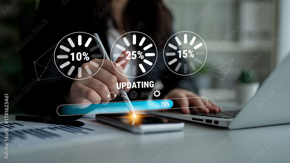 Wall mural a concept of a system update and software installation. a progress bar and loading icons showing the