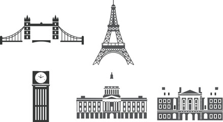 Obraz premium Famous world landmarks silhouette illustration, Eiffel Tower, Big Ben, Tower Bridge, historic architecture, travel icons,