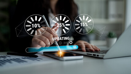 A concept of a system update and software installation. A progress bar and loading icons showing...