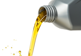 Pouring oil from a container against a transparent background