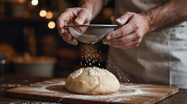 Baker Sifting Flour Over Dough in Warm Kitchen Light