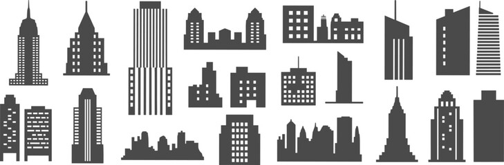 Silhouette skyline of modern city buildings, high rise skyscrapers, urban architecture, office towers, cityscape design elements,