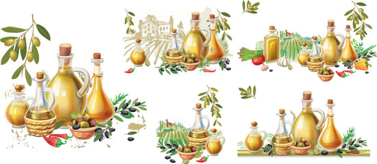 Rustic Olive Oil Bottles with Olives and Vegetables in Mediterranean Style