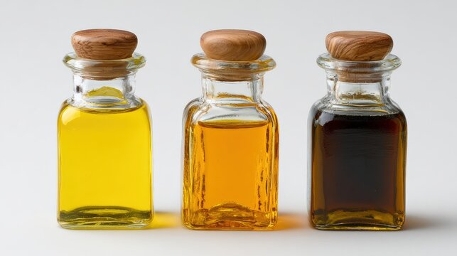 Various types of cooking oils in glass bottles displayed outdoors