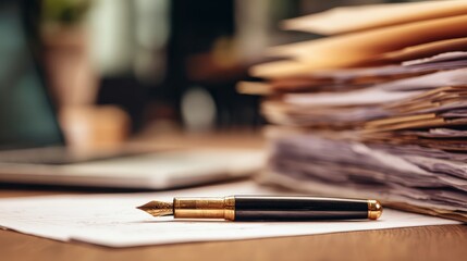 view of a classic fountain pen with a gold nib resting on a sheet of paper, beside a stack of files, creating a workplace desk setting; shallow depth of field blurs the background.