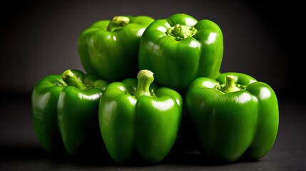 Stack of fresh green bell peppers on dark background