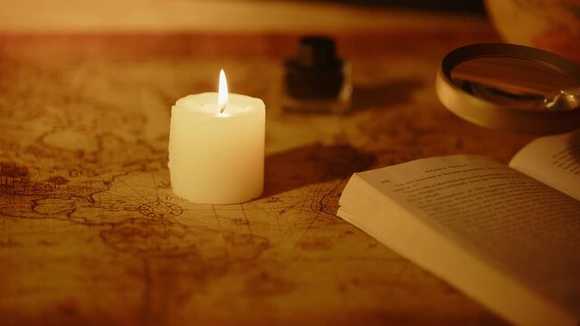 Reading under candlelight with magnifying glass and vintage map illumination