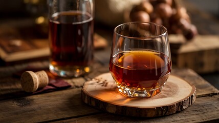 Fototapeta premium Golden Whiskey in Crystal Glass on Rustic Wooden Coaster