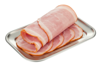 Sliced bacon on metal tray transparent background