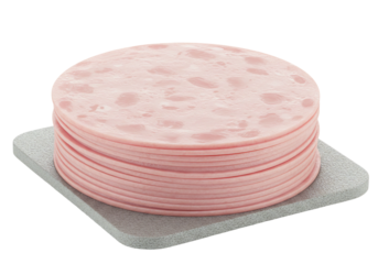 Sliced ham stacked on grey square isolated