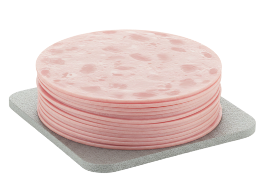 Sliced ham stacked on grey square isolated