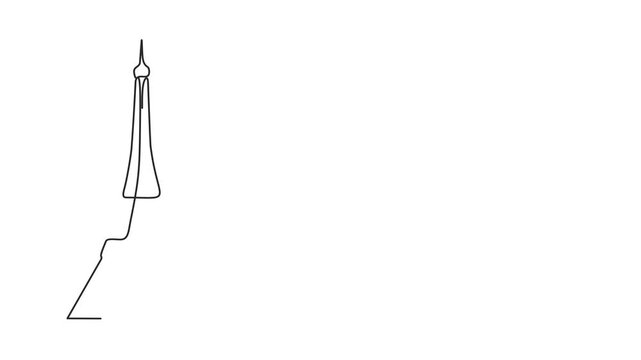 Animated self drawing of continuous line draw Eiffel tower of Paris with flying paper plane. Full length one line animation. 4K	