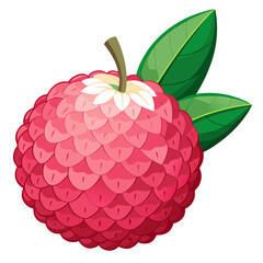 Illustration of a vibrant lychee, , showcasing its pinkishred bumpy skin and green leaves in a simple design