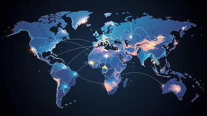 Global Network Map with Illuminated Connection Points Worldwide