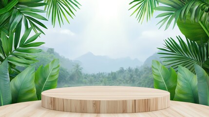 Fototapeta premium Tropical Nature Scene with Wooden Round Platform Surrounded by Lush Greenery and Scenic Mountains in Background
